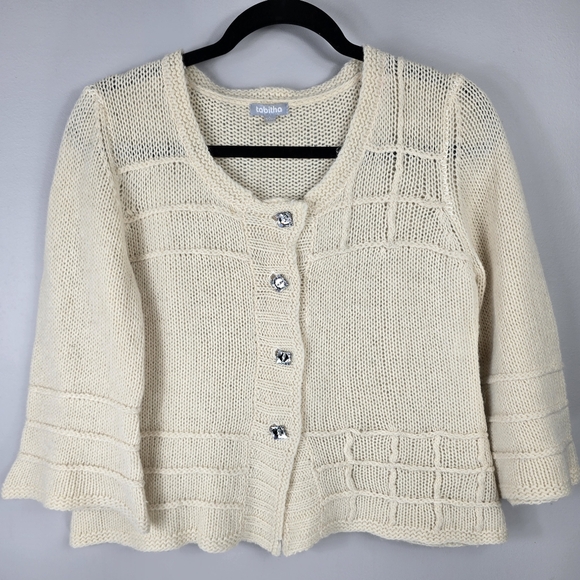 Tabitha Sweaters - Tabitha Lambswool Angora Cream Ivory Cardigan Sweater 3/4 Sleeve Size Large